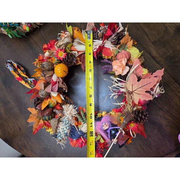 Handcrafted Fall Wreath With Mini Scarecrow & Witch Decor Straw Base Autumn Leav - Picture 8 of 14